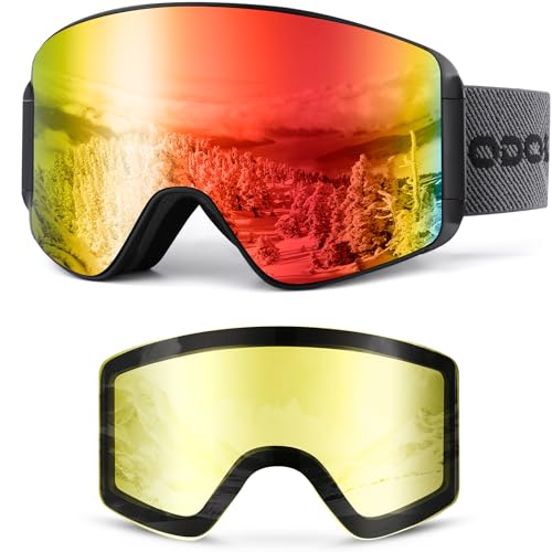 Odoland Ski Goggles Set with Detachable Magnetic Lens, Frameless Interchangeable Lens for Cloudy or Sunny, Anti-Fog UV Protection Men Women Snow Goggl