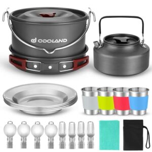 Odoland Camping Cookware Kit for 3-4 People Portable Stainless steel Cooking Set for Camping, Backpacking, Outdoor Cooking and Picnic Pan+Pot+Kettle