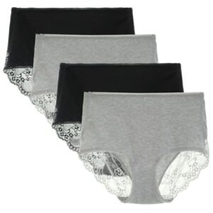Women's 3 or 4 Pack High Waisted Comfort Cotton Lace Coverage Full Rise Briefs Knickers Underwear M Black/Heather Grey