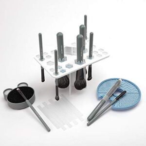 All-in-one Cleaning Set for Makeup Brushes, Silicone Brushes Cleaning Mat Reusable Color Removal Sponge and 26 Holes Brushes Drying Rack Holder White