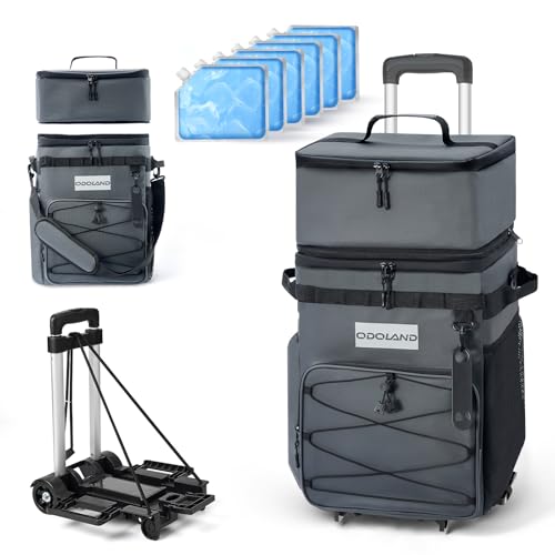 Odoland Cooler Box on Wheels, Leakproof Insulated Soft Rolling Cooler Bag with Stable All Terrain Cart and Handle Collapsible for Camping Beach Fishin