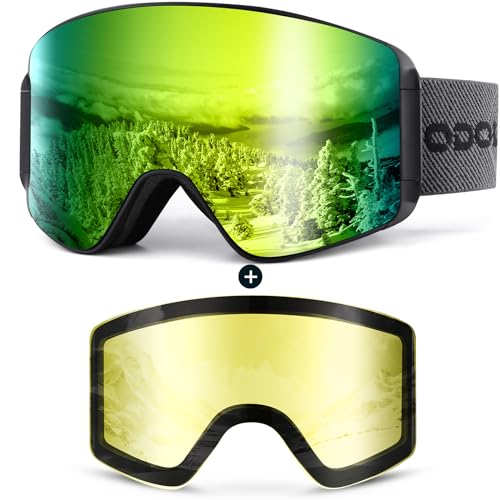 Odoland Ski Goggles Set with Detachable Magnetic Lens, Frameless Interchangeable Lens for Cloudy or Sunny, Anti-Fog UV Protection Men Women Snow Goggl