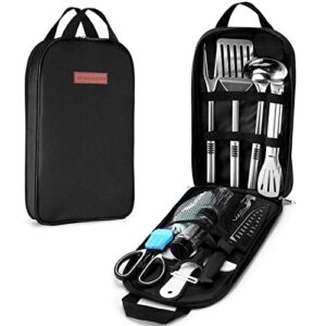 Odoland 14PCS Camping Utensils Set, Outdoor Kitchen Utensil Organizer, Cutting Board, Kitchen Scissors, Slotted Tongs Seasoning Bottle and Case for Ba