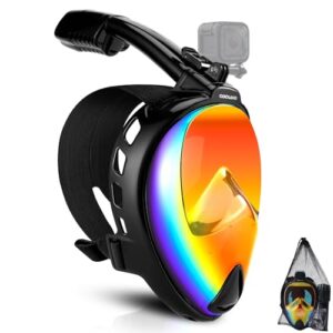 Odoland Snorkel Set for Man and Women, 180Â° Panoramic View Full Face Snorkeling Mask with Camera Mount and Swim Fins, Dry Top Safety Breathing System