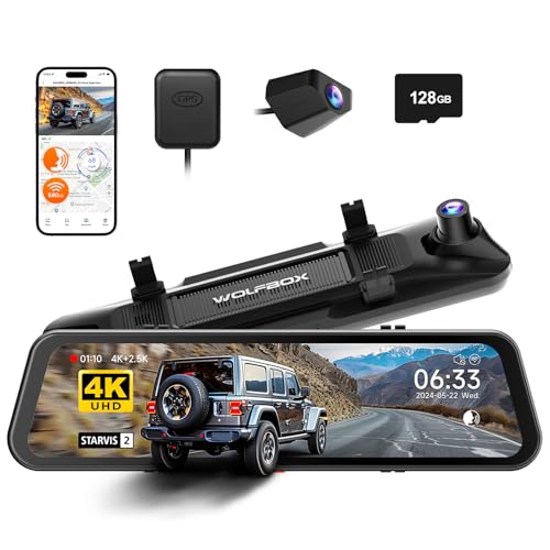 WOLFBOX G900 PRO Mirror Dash Cam with STARVIS 2 IMX678, 12 inches Rear View Mirror Camera with Front 4K and Rear 2.5K, Included 128GB Card, Voice Cont