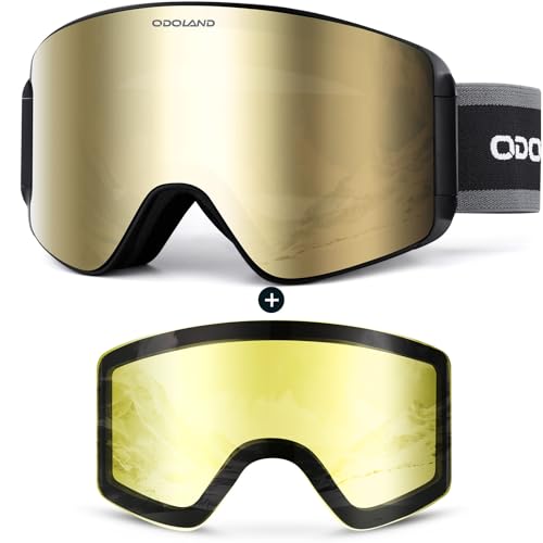 Odoland Ski Goggles Set with Detachable Magnetic Lens, Frameless Interchangeable Lens for Cloudy or Sunny, Anti-Fog UV Protection Men Women Snow Goggl