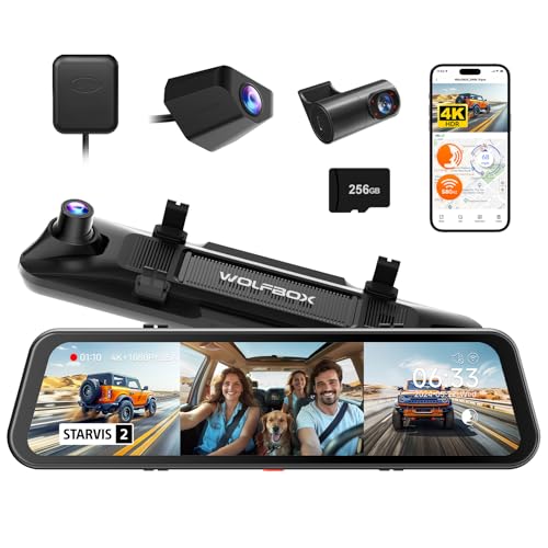 WOLFBOX G900 Tripro Cabin Version 3 Channel 4K Rear View Mirror Camera, 4K+1080P+2.5K Front Inside and Rear Mirror Dash Cam, STARVIS 2 IMX678 Night Vi