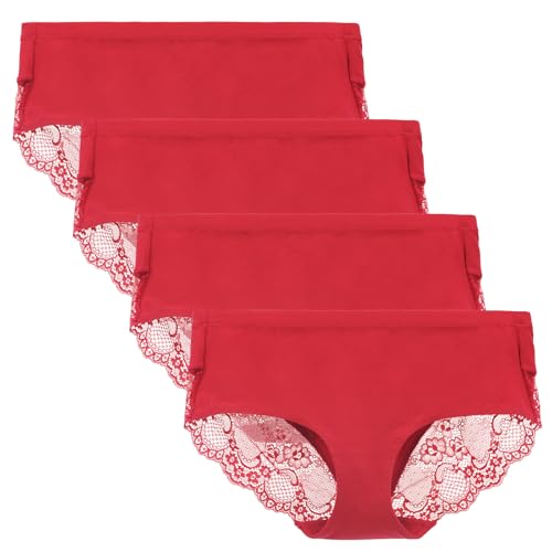 Women's Knickers 4 Pack Mid Rise Cotton Lace Full Coverage Brief Hipster Panty Underwear XL Red