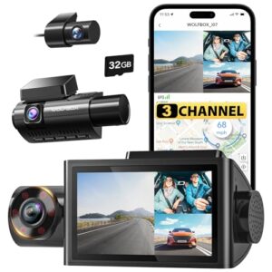WOLFBOX i07 3-Channel Dash Cam with Built-in WiFi GPS, 4K+1080P+1080P Triple Camera, 3" LCD, 32GB Included, IR Night Vision, 24H Parking Mode