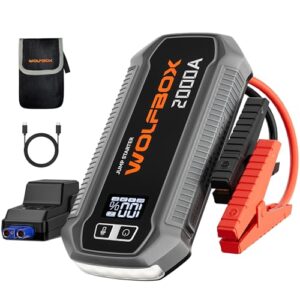 WOLFBOX 2000A Jump Starter Power Pack,12000mAh Car Starter Power Bank with 30W Quick Charge,LED Display,12V Car Battery Booster Jump Starter (7L Gas 6