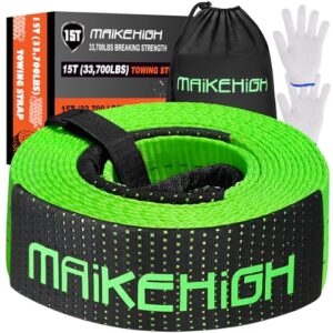MAIKEHIGH Towing Rope 15 Ton (33,700 Lbs), 6M x 7.6cm Off-Road Recovery Tow Strap with 2 Gloves for Car, Truck, SUV, Snow (Green) Green (15T No Shackl