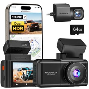 WOLFBOX X3 2.5K 60FPS Dash Cam, STARVIS 2 IMX675 with ADAS, 2.5K+1080P Dash Cam Front and Rear, Built-in 5.8GHz WiFi & GPS, G-Sensor, Loop Recording,