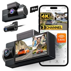 WOLFBOX i17 4K 3 Channel Dash Cam Built-in 5.8GHz WiFi with 64GB Card, 4K+1080P+1080P Dash Cam Front and Rear Inside, Triple Car Camera with 3 Inch Sc