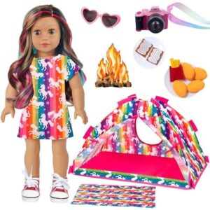 ZITA ELEMENT Unicorn Doll Camping Tent Set - 18 Inch Doll Tent, Placemat, Clothes, Accessories - Chocolate Cookies, Chicken Nuggets, Paper Campfire, E