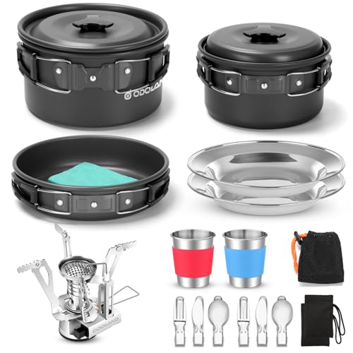 Odoland Camping Cookware Set with Pots and Frying Pan Cup Plates Folding Cutlery Gavette for 1-2 People Lightweight and Compact for Camping Trekking P