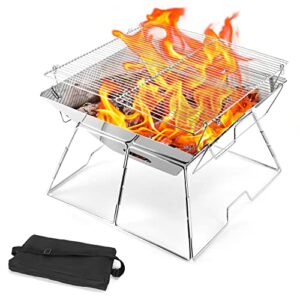 Odoland BBQ Fire Pit Portable Campfire Pit Collapsible Camping Grill Stainless Steel Barbecue for Camping Picnic Terrace Garden w/Carrying Bag L (43 *