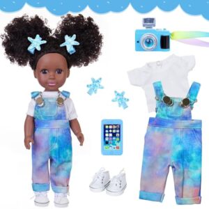 ZITA ELEMENT Black African Baby Doll 14 Inch Silicone Black Doll Set with White T-Shirt, Blue Tie-Dye Bib Pants, and Accessories - Delightful Gift for