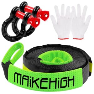 MAIKEHIGH Tow Rope 5M x 5cm,10 Ton (22,000 Lbs) Off-Road Recovery Tow Strap with 2 Anti-Proof Gloves, 2 Reinforced Shackles (Black-Green) Black-Green