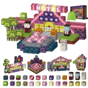 Magnetic Building Blocks 140 Pcs, Magnetic Cubes Halloween Hotel Theme Construction Toy for Kids Ages 5-10, Christmas Stocking Fillers Gifts for Boys