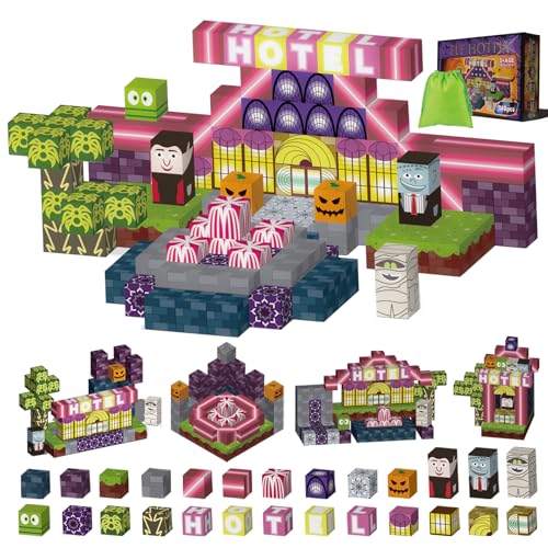Magnetic Building Blocks 140 Pcs, Magnetic Cubes Halloween Hotel Theme Construction Toy for Kids Ages 5-10, Christmas Stocking Fillers Gifts for Boys