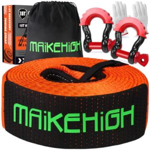 MAIKEHIGH Tow Rope 15 Ton (33,700 Lbs), 6M x 7.6cm Off-Road Recovery Towing Strap with 2 Upgraded Reinforced Shackles, 2 Gloves for Car, Truck, SUV (O