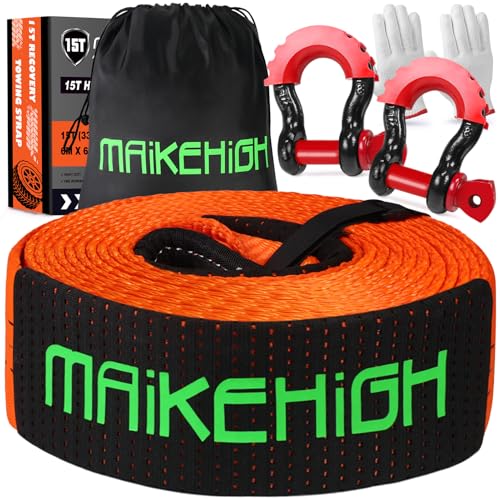 MAIKEHIGH Tow Rope 15 Ton (33,700 Lbs), 6M x 7.6cm Off-Road Recovery Towing Strap with 2 Upgraded Reinforced Shackles, 2 Gloves for Car, Truck, SUV (O