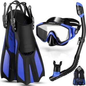 Odoland Snorkel Set Adult 3 in 1 with Anti-Fog Diving Goggles and Dry Snorkel, Adjustable Flippers, Diving Equipment Set for Swimming/Snorkelling L/XL