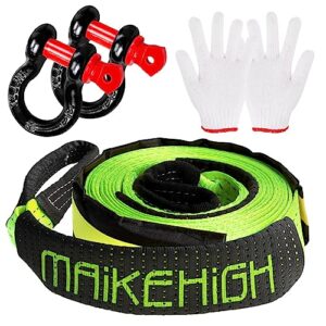 MAIKEHIGH Tow Rope 5M x 5cm,10 Ton (22,000 Lbs) Off-Road Recovery Tow Strap with 2 Anti-Proof Gloves, 2 Reinforced Shackles (Green) Green (10T with Sh