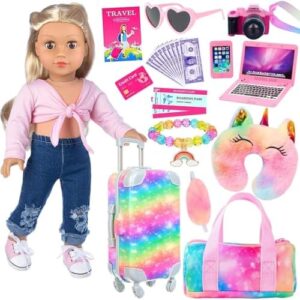 ZITA ELEMENT 23 PC 18 inch Doll Accessories Suitcase Rainbow Travel Set,Suitcase, Bag, Camera, Computer, Cell Phone, Neck Pillow, Eye Mask etc Gift fo