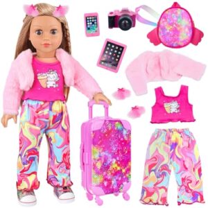 ZITA ELEMENT American 18 Inch Doll Clothes and Accessories Doll Suitcase Set, 10 Pcs Doll Travel Play Set with Doll Backpack Clothes Hair Clips Camera
