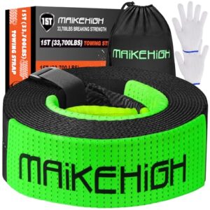 MAIKEHIGH Tow Rope 15 Ton (33,700 Lbs), 6M x 7.6cm Off-Road Recovery Towing Strap with 2 Gloves for Car, Truck, SUV, Emergency (Black) Black (15T No S