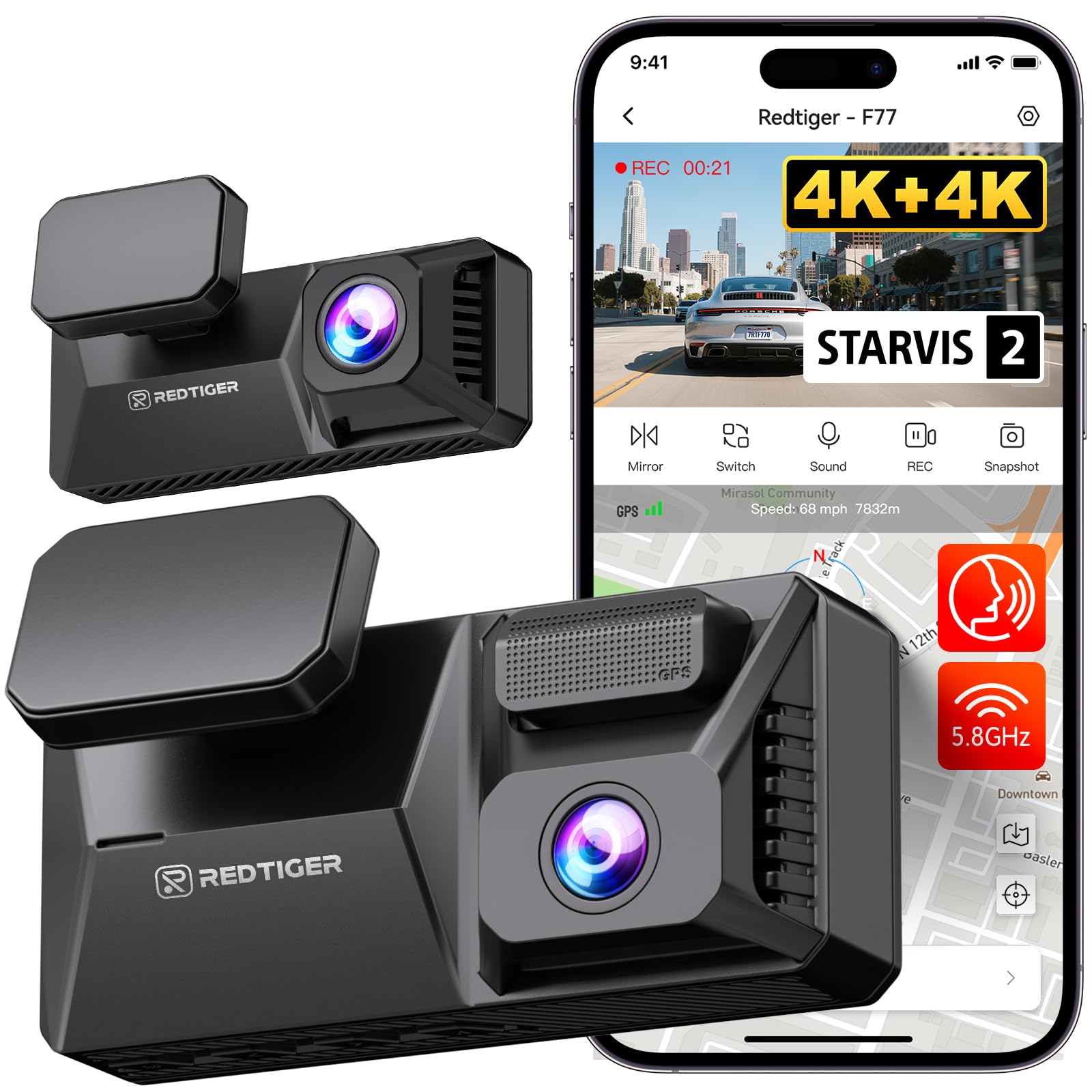 REDTIGER F77 4K+4K HDR Dash Cam Front and Rear, Dual STARVIS 2 IMX678 Sensor, 5.8GHz WiFi Car Camera with 128GB eMMC Storage, Voice Control, 4'' Touch