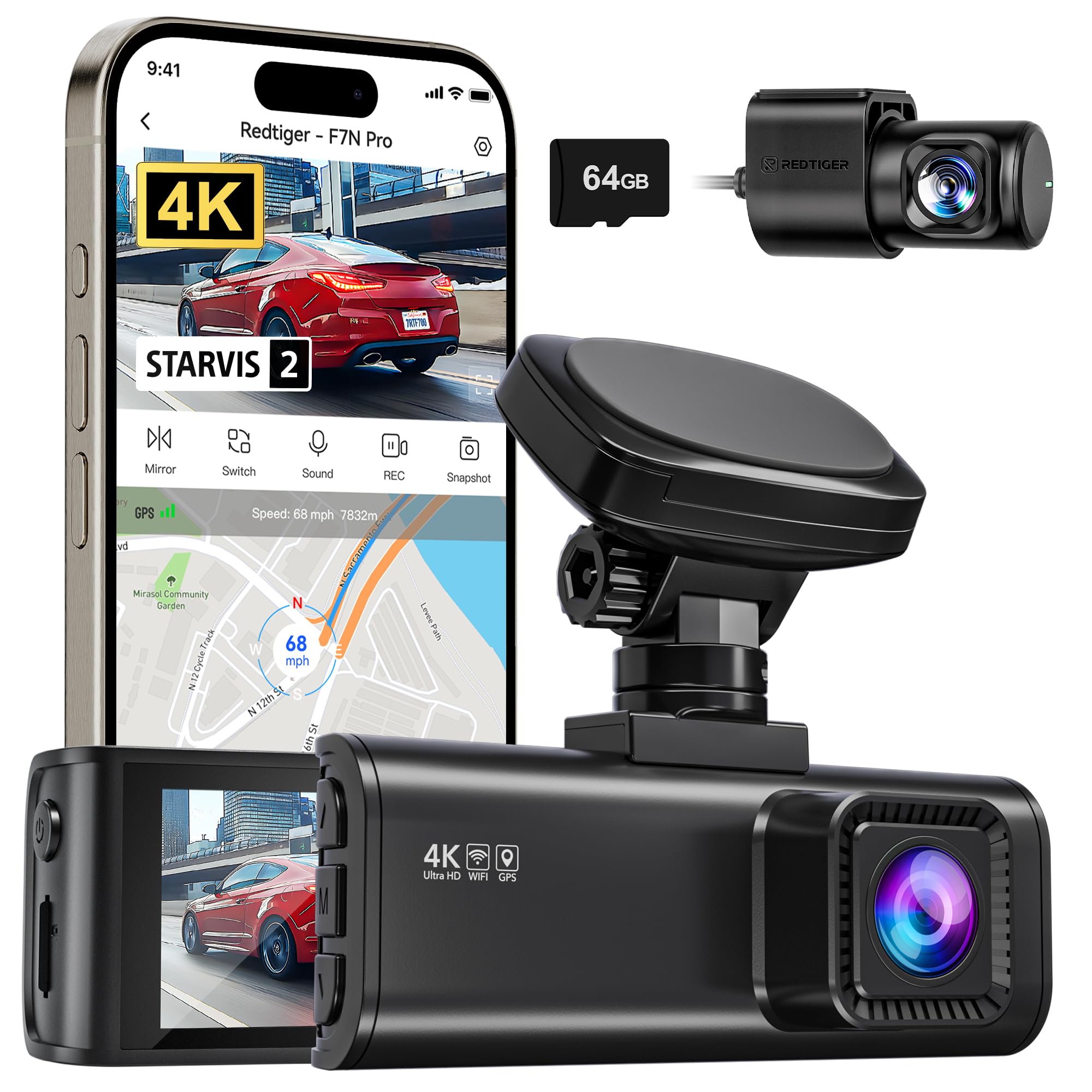 REDTIGER 4K Dash Cam Front and Rear, STARVIS 2 Sensor, 64GB Card Included, 4K/2.5K+1080P Dual Dash Camera for Cars Built-in WiFi GPS, 3.18 Inch IPS Sc